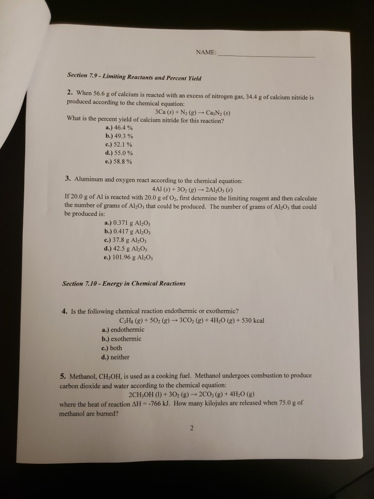 Solved NAME: Section 7.9- Limiting Reactants and Percent | Chegg.com