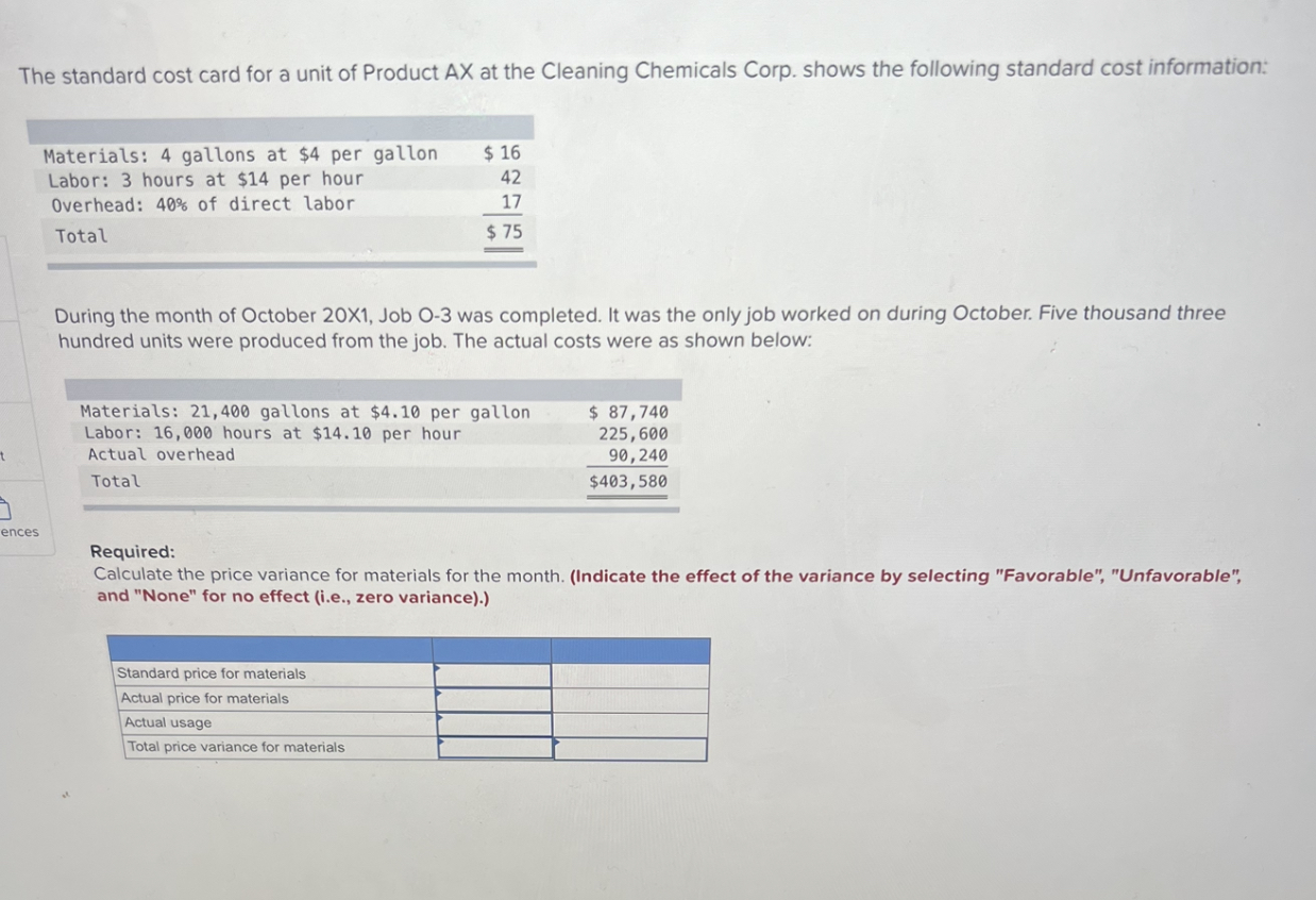 Solved he standard cost card for a unit of Product AX at the | Chegg.com