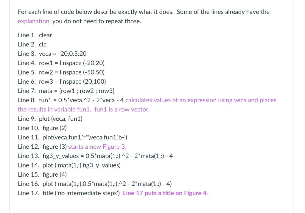Solved For each line of code below describe exactly what it | Chegg.com