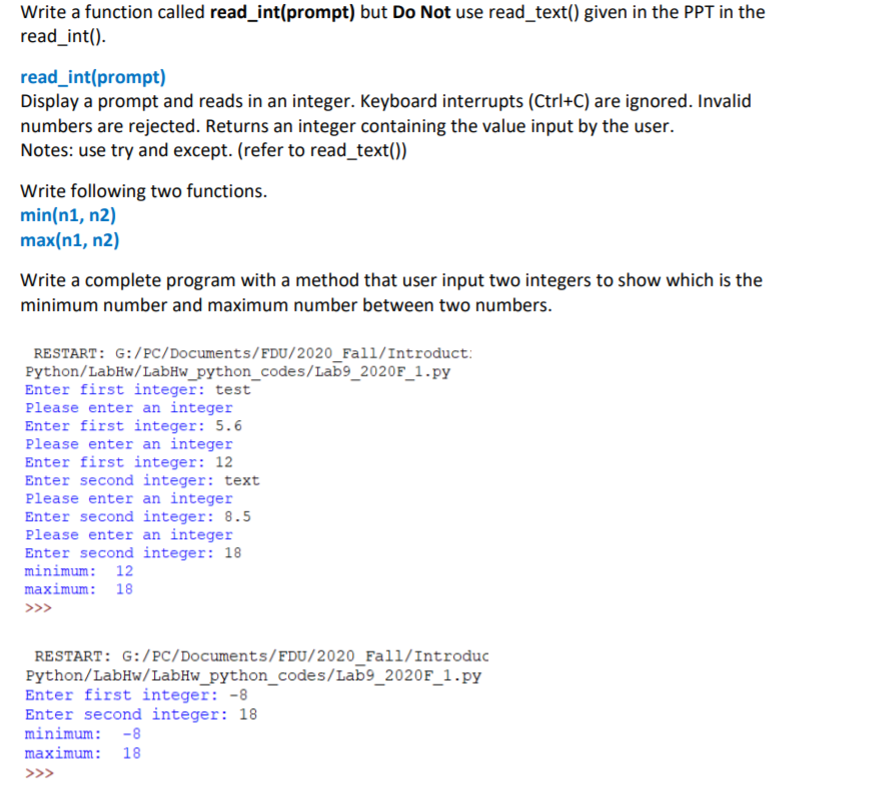 Solved Write a function called read_int(prompt) but Do Not | Chegg.com