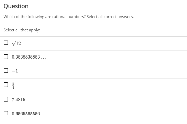 Solved Question Which Of The Following Are Rational Numbers? | Chegg.com