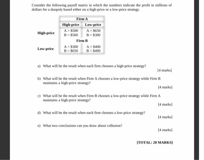 Solved Consider the following payoff matrix in which the | Chegg.com