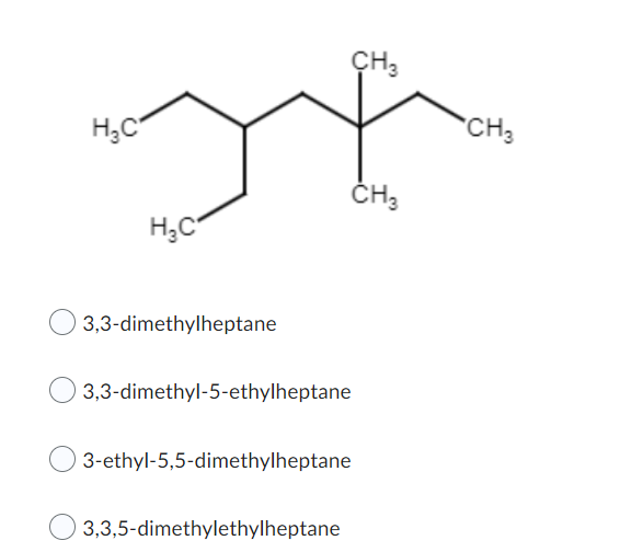 3,3-dimethylheptane
3,3-dimethyl-5-ethylheptane
3-ethyl-5,5-dimethylheptane
3,3,5-dimethylethylheptane