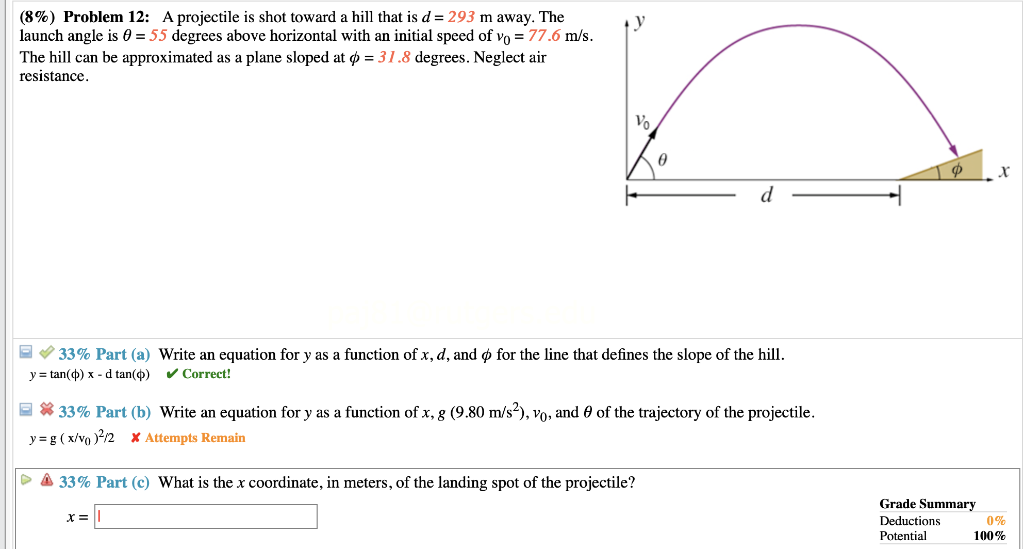 8 Problem 12 A Projectile Is Shot Toward A Hill Chegg Com