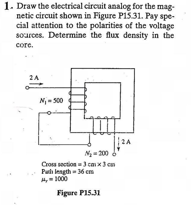 1. Draw the electrical circuit analog for the magnetic circuit shown in Figure P15.31. Pay special attention to the polaritie