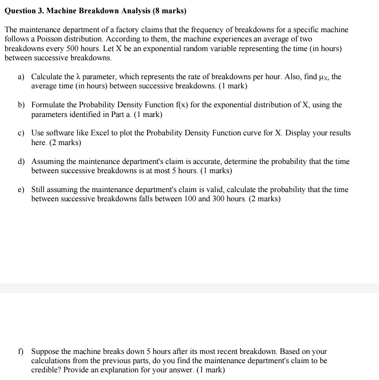 Solved Question 3. Machine Breakdown Analysis (8 marks) The | Chegg.com
