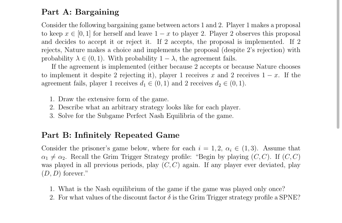 Solved Part A: Bargaining Consider the following bargaining | Chegg.com