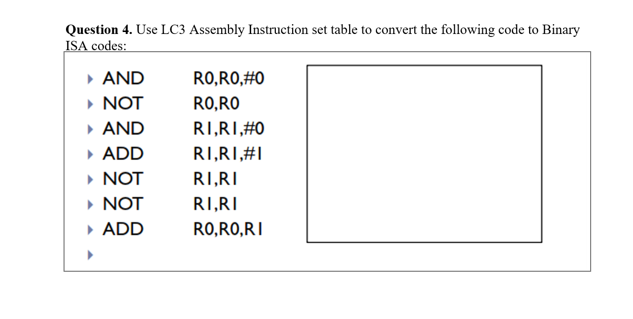 Solved Question 4. Use LC3 Assembly Instruction set table to | Chegg.com