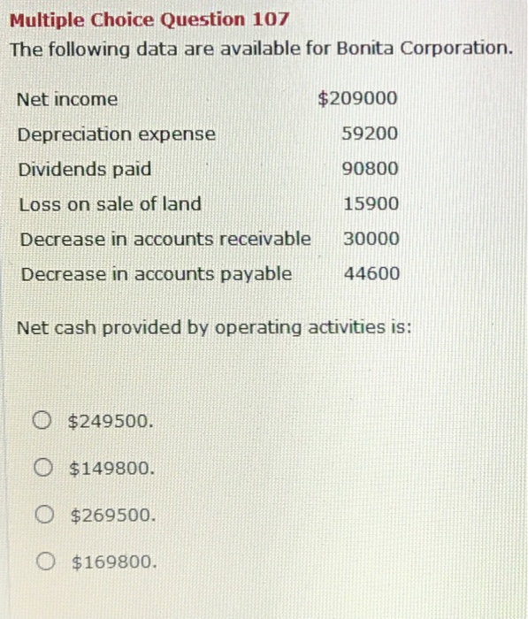 Solved Multiple Choice Question 100 A company had net income | Chegg.com