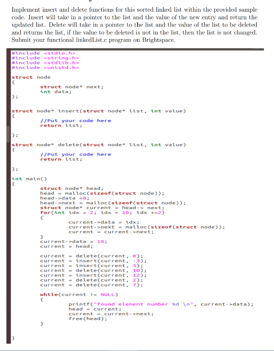 Solved Implement Insert And Delete Functions For This Sorted | Chegg.com