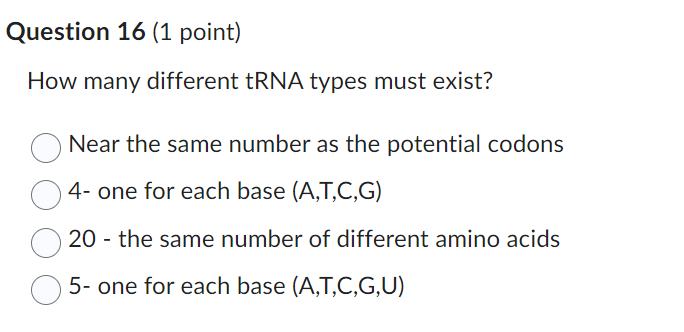 Solved How many different tRNA types must exist? Near the | Chegg.com