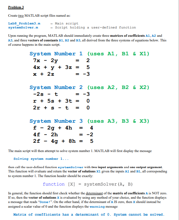 Solved Problem 3 Create two MATLAB script files named as: | Chegg.com