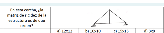 \begin{tabular}{|c|c|c|c|} \hline \( \begin{array}{c}\text { En esta cercha, ¿̇la } \\ \text { matriz de rigidez de la } \\ \