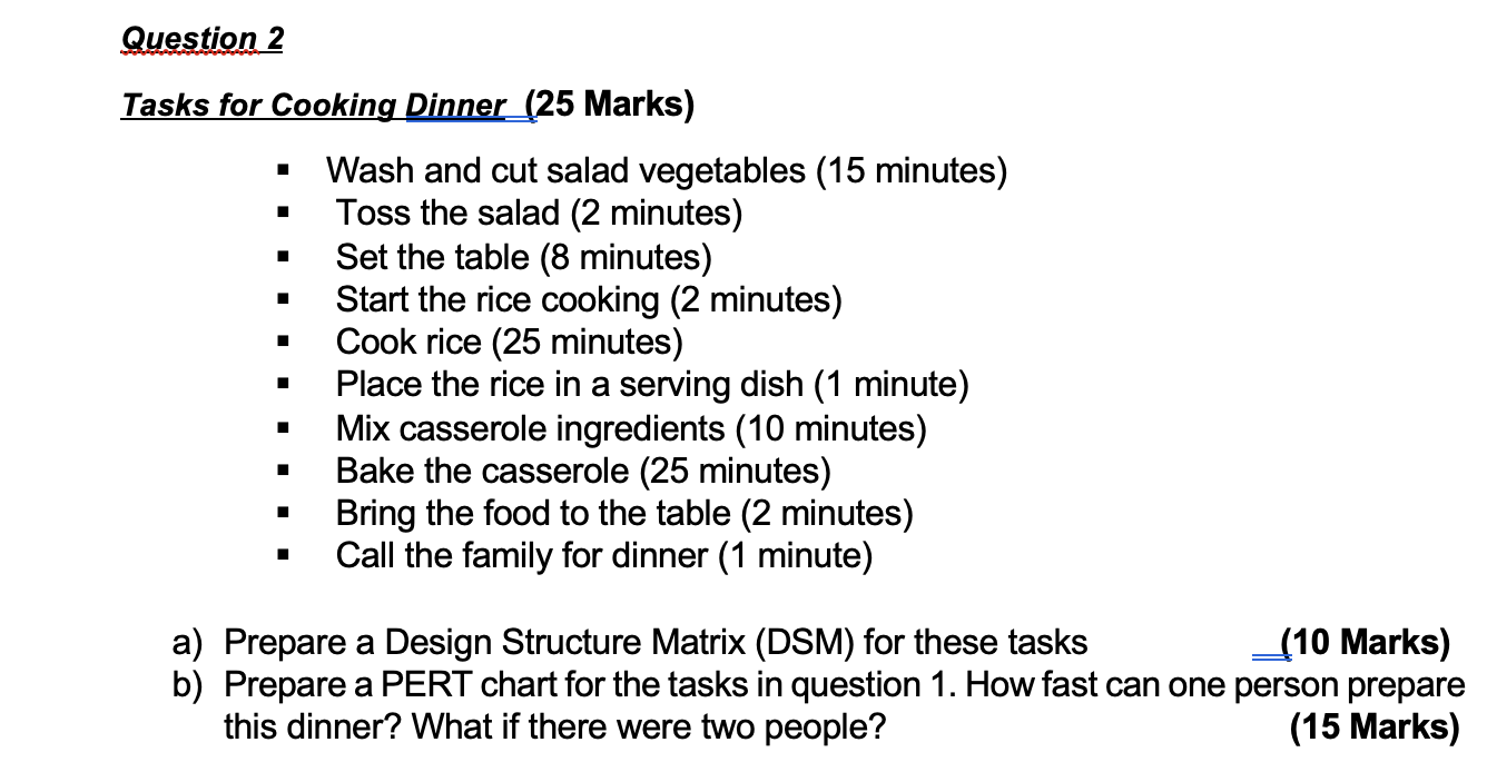 Solved Tasks for Cooking Dinner Wash and cut salad | Chegg.com