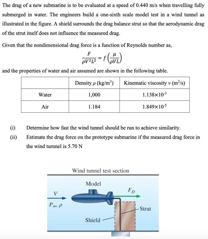 Solved The drag of a new submarine is to be evaluated at a | Chegg.com