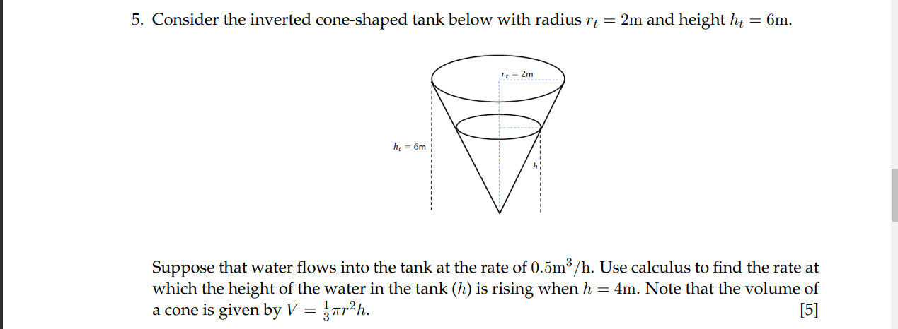 Solved 5. Consider the inverted cone-shaped tank below with | Chegg.com
