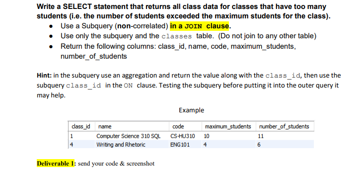 Solved Write a SELECT statement that returns all class data | Chegg.com