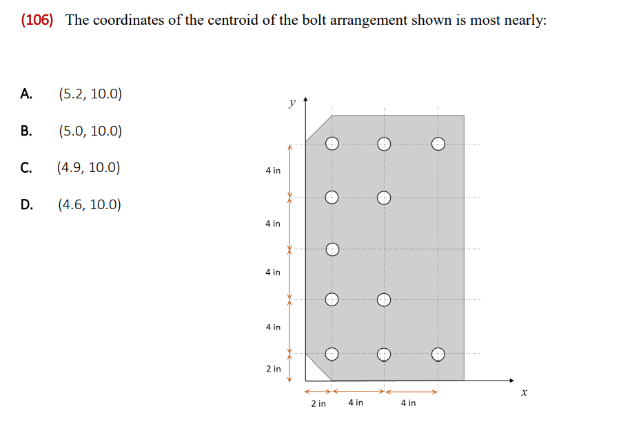 (106) The coordinates of the centroid of the bolt arrangement shown is most nearly: