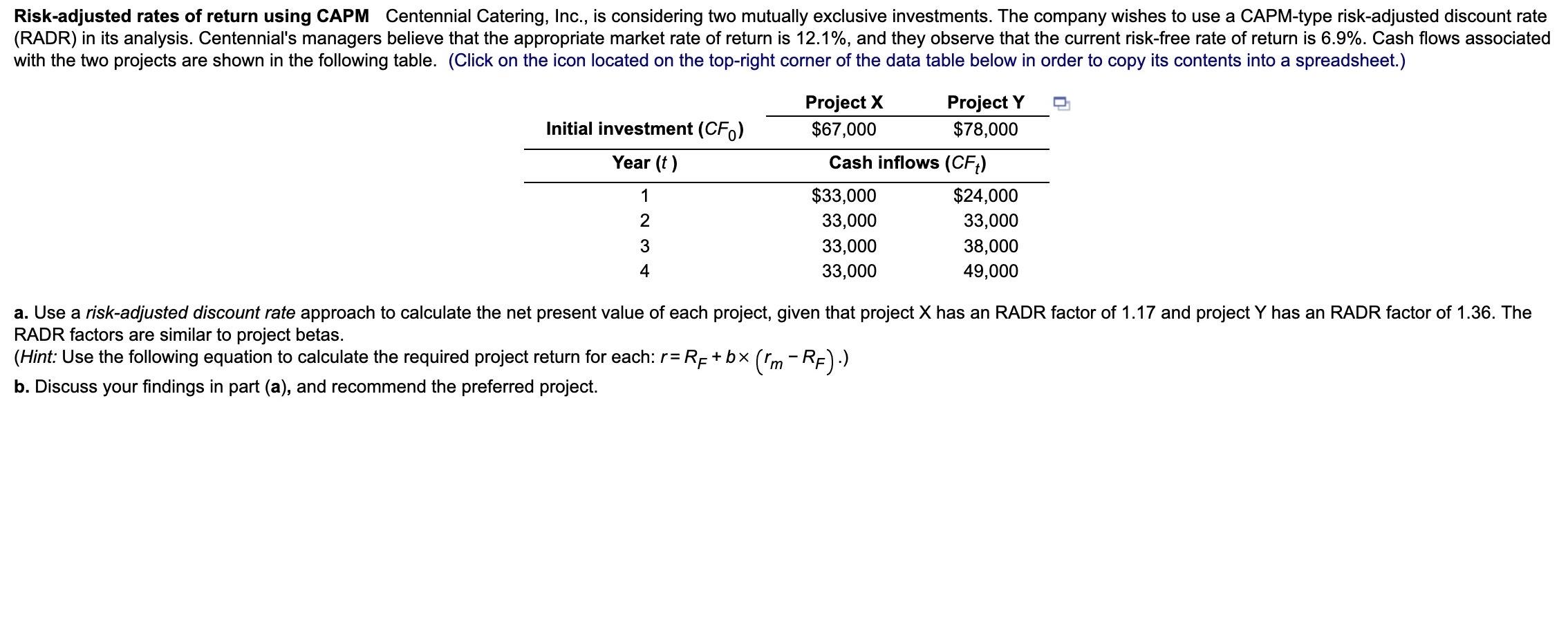 Solved Risk-adjusted rates of return using CAPM Centennial | Chegg.com