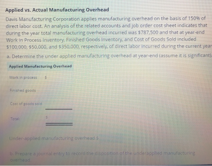 Solved Applied Vs. Actual Manufacturing Overhead Davis | Chegg.com