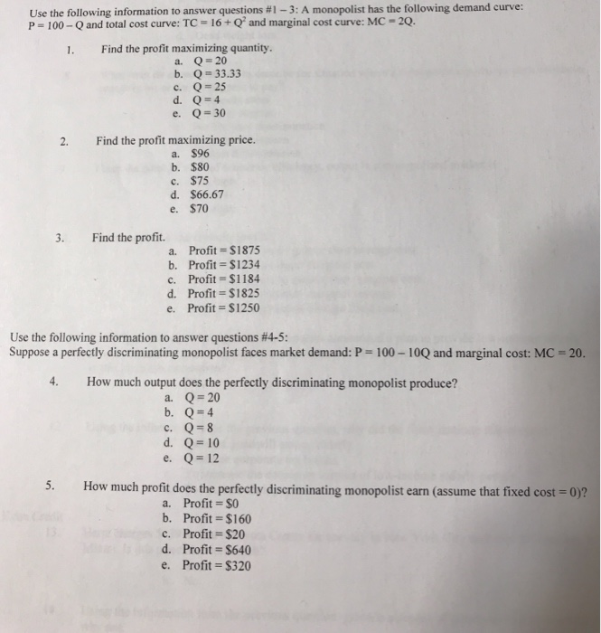 Solved Use the following information to answer questions | Chegg.com