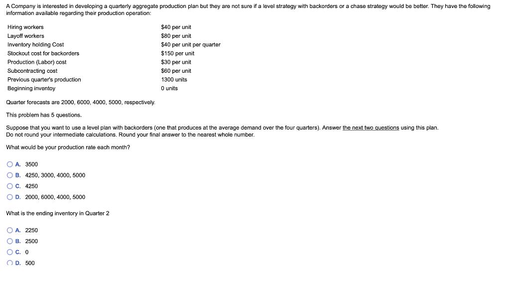 This problem has 5 questions.
Suppose that you want to use a level plan with backorders (one that produces at the average dem