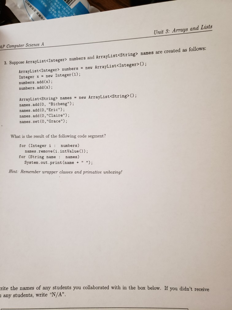 (Solved) : Unit 3 Arrays Lists Ap Computer Sciencea Suppose Arraylist ...