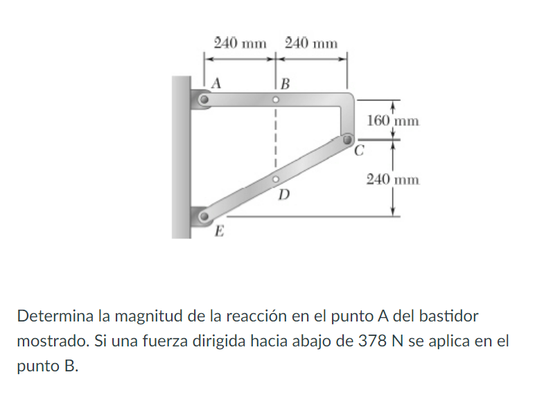 Determina la magnitud de la reacción en el punto \( \mathrm{A} \) del bastidor mostrado. Si una fuerza dirigida hacia abajo d