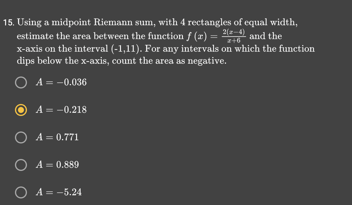 Solved 15. Using a midpoint Riemann sum, with 4 rectangles | Chegg.com