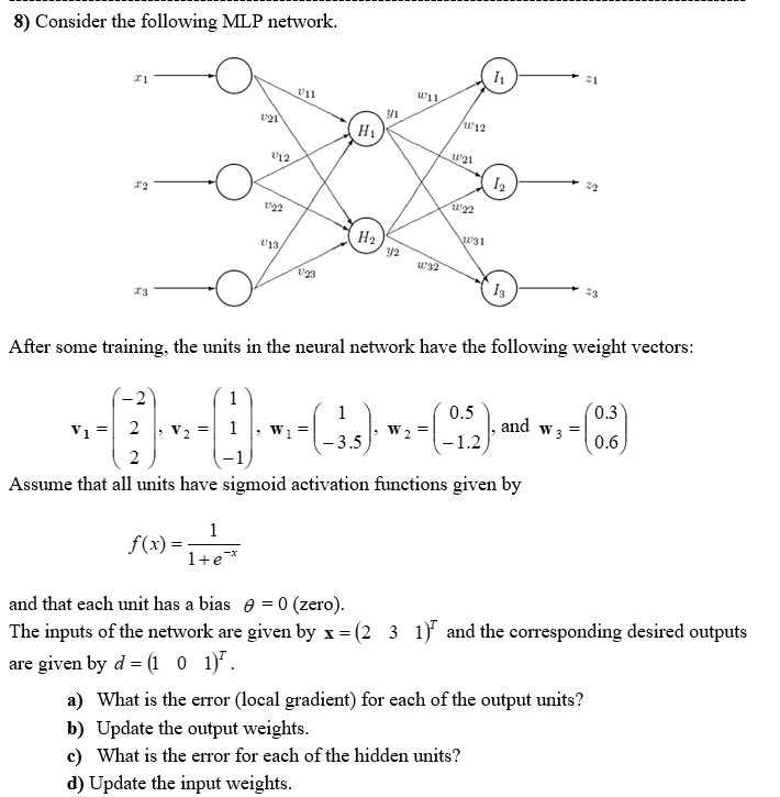 8) Consider the following MLP network. After some | Chegg.com