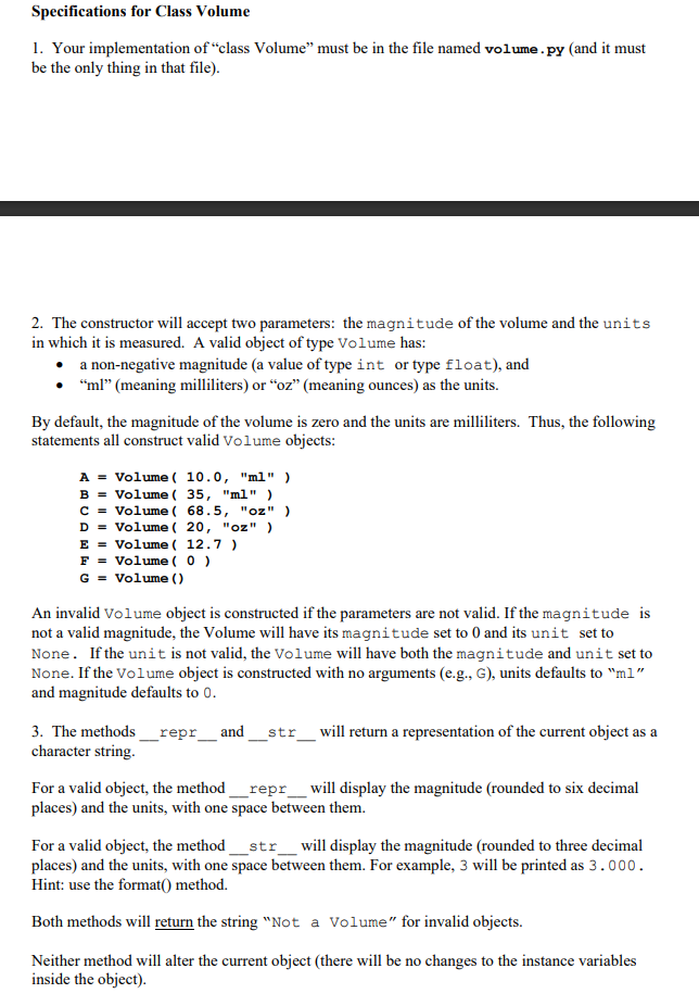 Solved Specifications for Class Volume 1. Your | Chegg.com