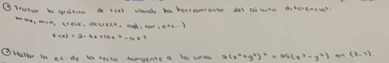 (1) Trazar la giátric de i(x) vland ta terramiente del cílulo diferenctal. max, min, crece, decrece, ead, car, enc..) \[ f(x)