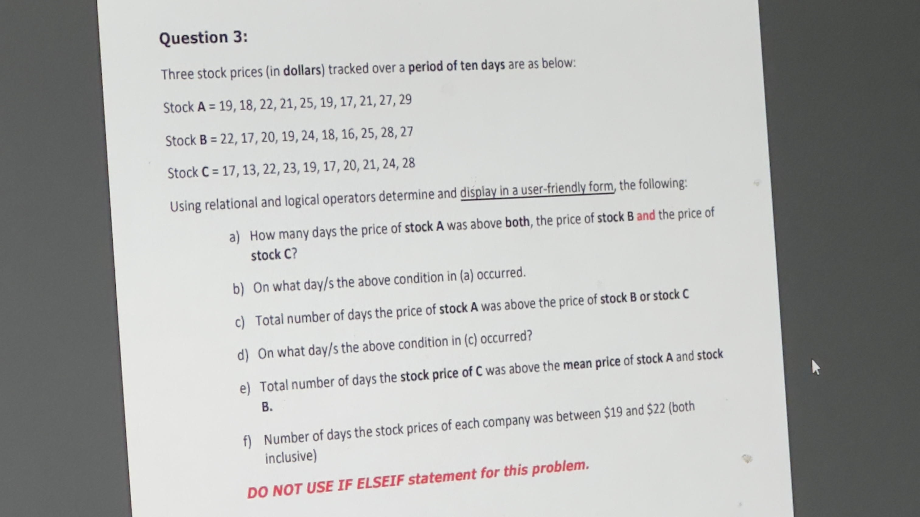 Solved Question 3:Three stock prices (in ﻿dollars) ﻿tracked | Chegg.com