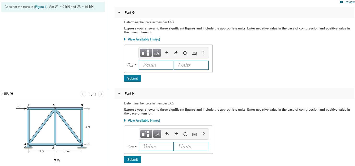 Solved A Review Consider the truss in (Figure 1). Set P1 = 9 | Chegg.com
