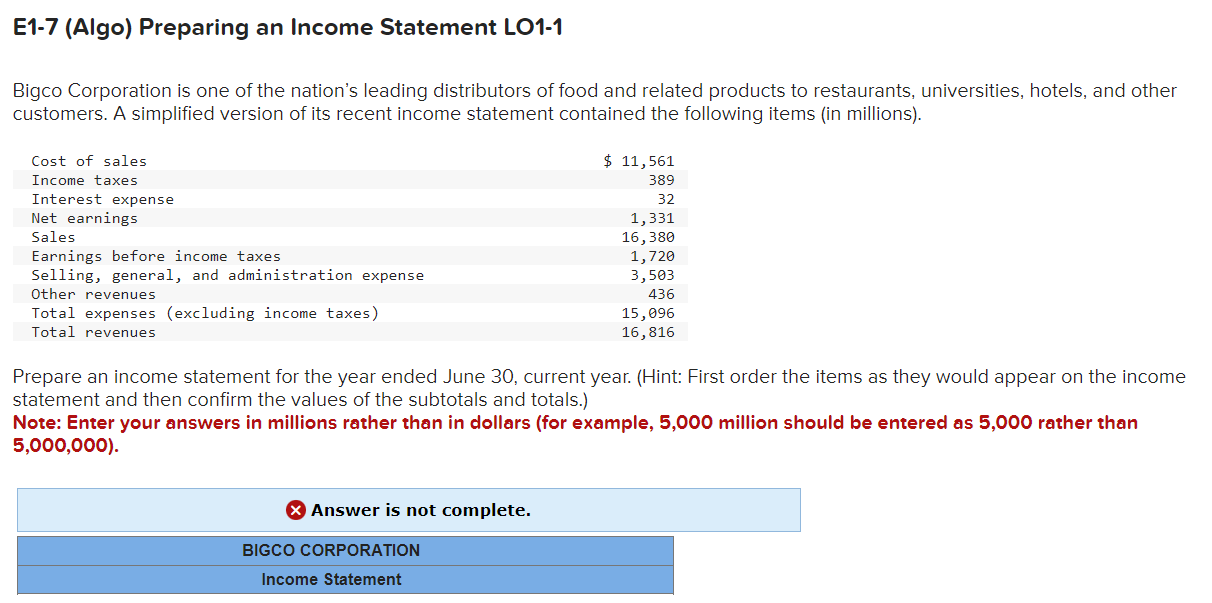 Solved E1 7 Algo Preparing An Income Statement Lo1 1 Bigco 2143