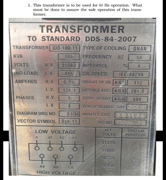 1. This transformer is to be used for 60 Hz | Chegg.com