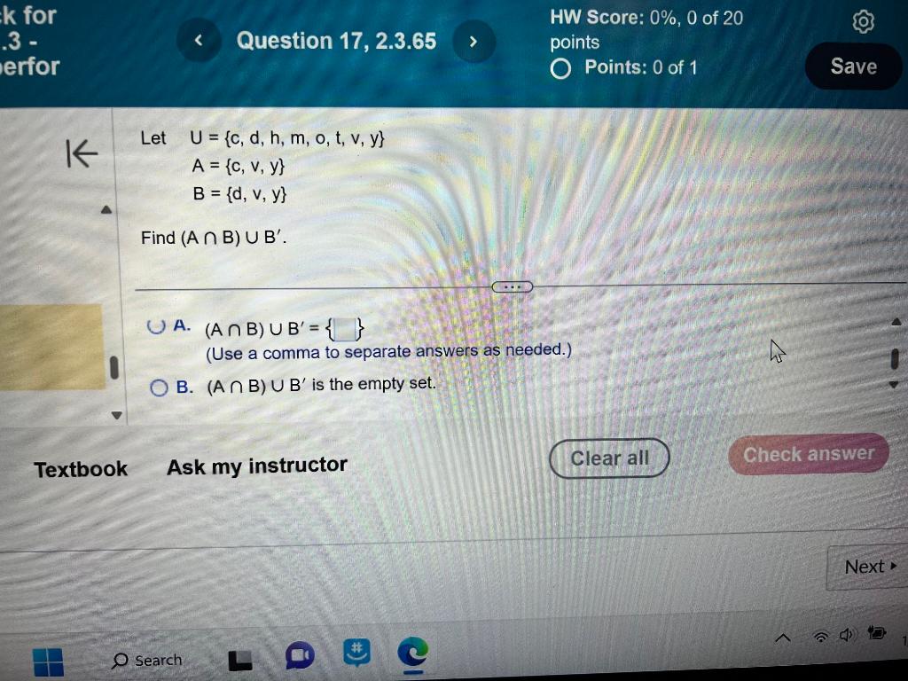 Solved Let U={c,d,h,m,o,t,v,y} A={c,v,y}B={d,v,y} Find | Chegg.com