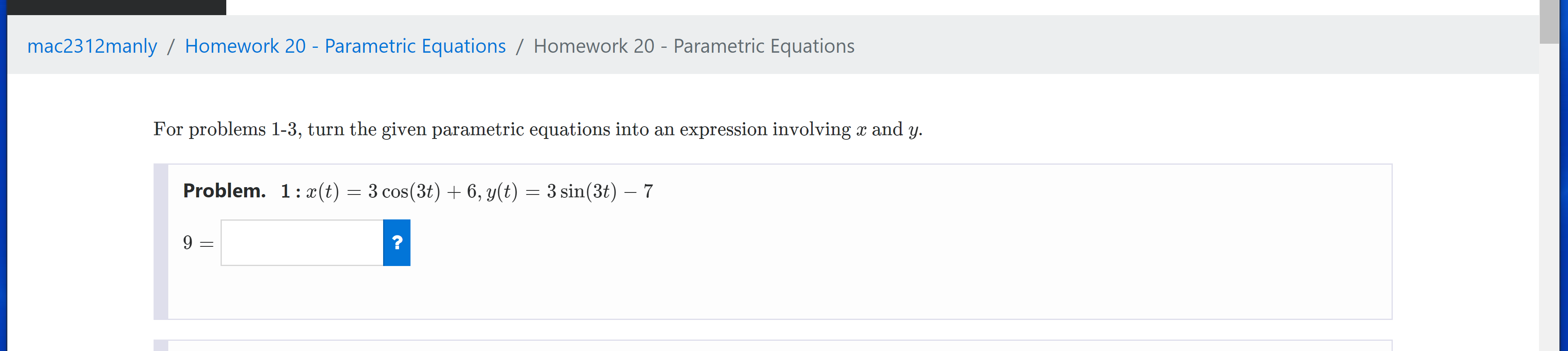 Solved mac2312manly / Homework 20 - Parametric Equations / | Chegg.com