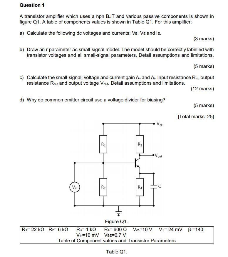 Solved Question 1 A transistor amplifier which uses a npn | Chegg.com