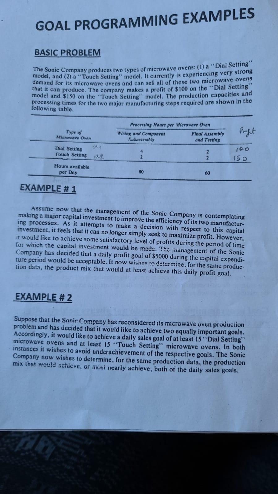 GOAL PROGRAMMING EXAMPLES BASIC PROBLEM The Sonic