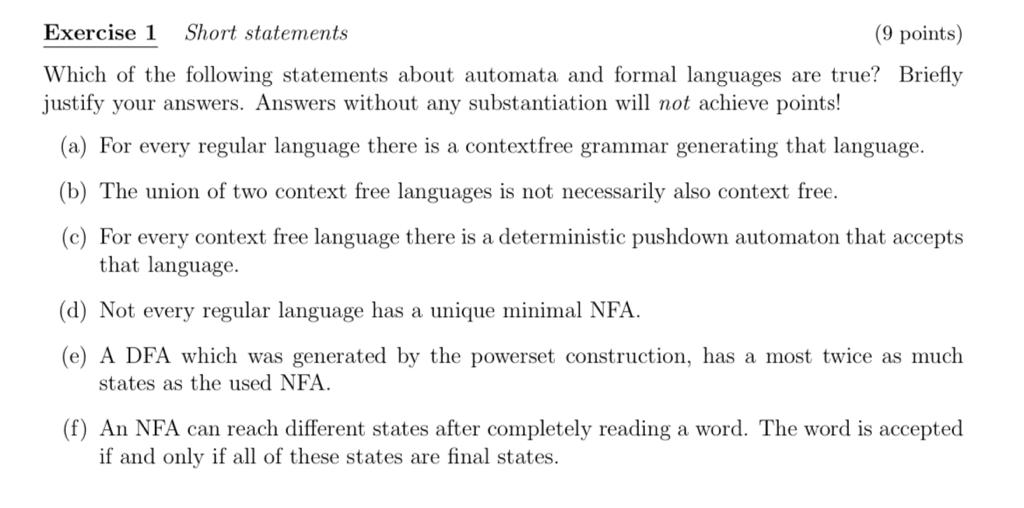 Solved Exercise 1 Short statements (9 points) Which of the | Chegg.com