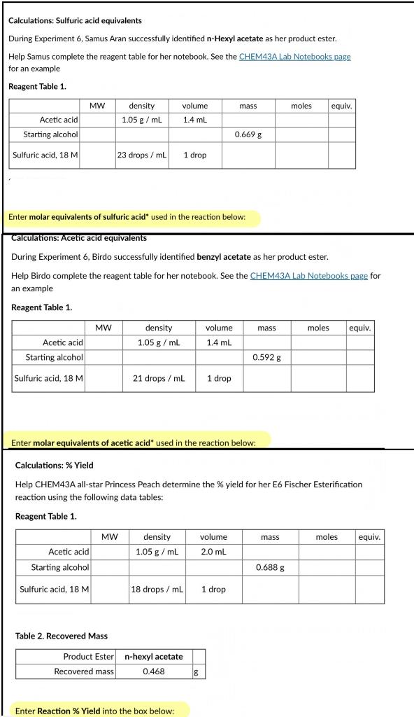 Solved Enter molar equivalents of Sulfurice, acetic
