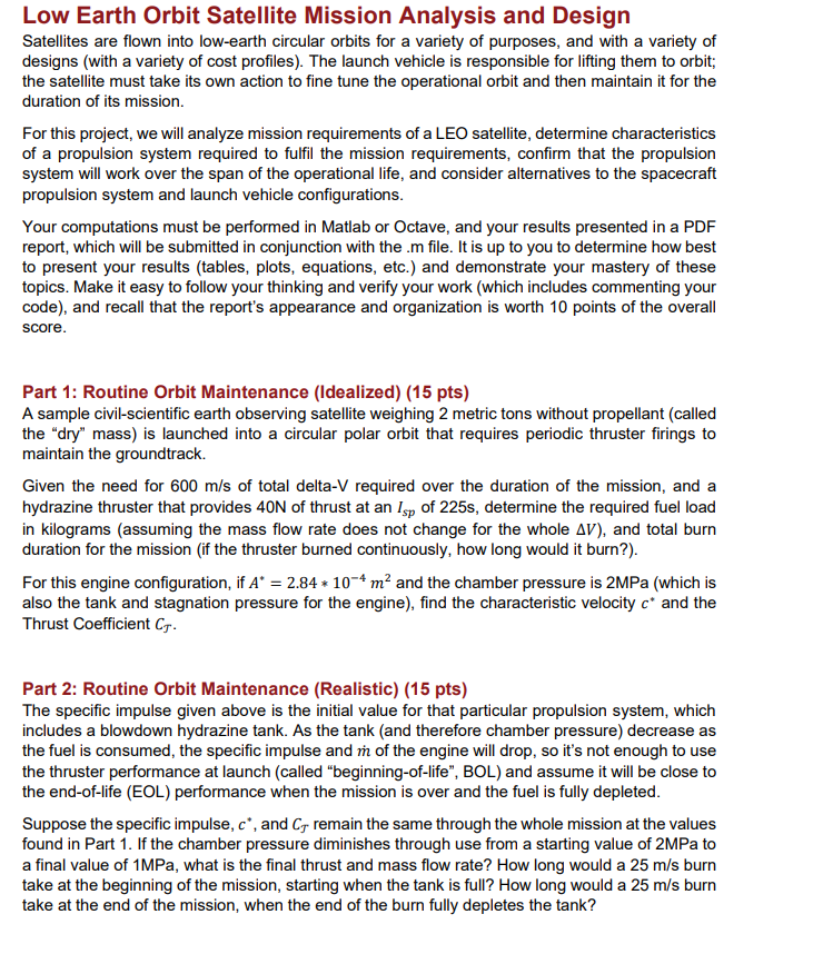 Low Earth Orbit Satellite Mission Analysis and Design | Chegg.com