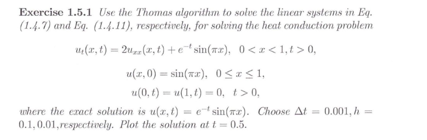 Exercise 1.5.1 Use the Thomas algorithm to solve the | Chegg.com