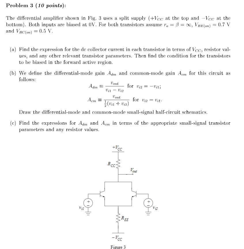 Solved Problem 3 (10 points): The differential amplifier | Chegg.com