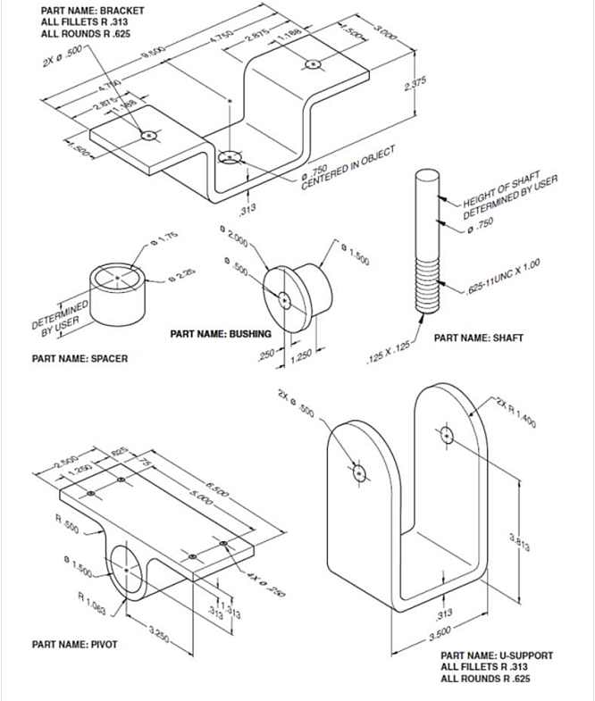 Solved PART NAME: BRACKET ALL FILLETS R.313 ALL ROUNDS R.625 | Chegg.com