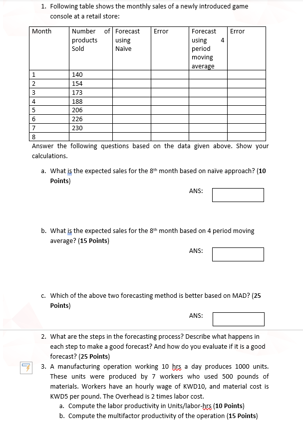 Solved براماني | 1. Following table shows the monthly sales | Chegg.com