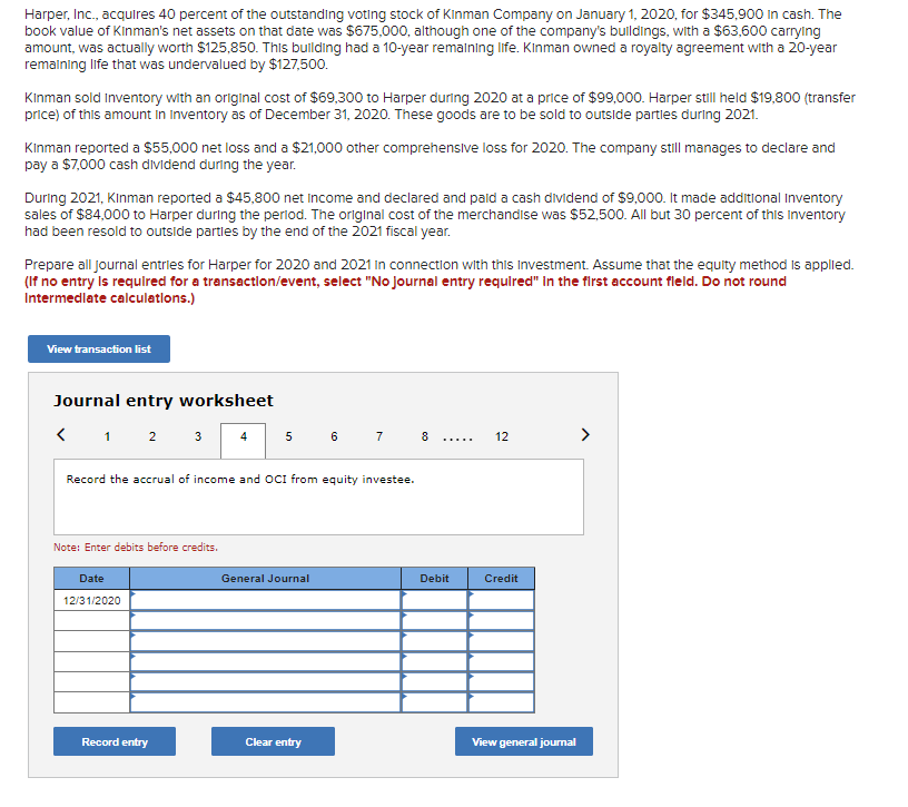 Harper, Inc., acquires 40 percent of the outstanding voting stock of Kinman Company on January 1,2020 , for \( \$ 345,900 \) 