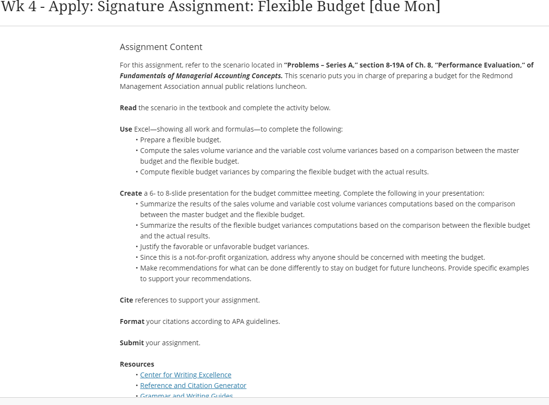 Wk 4 - Apply: Signature Assignment: Flexible Budget | Chegg.com