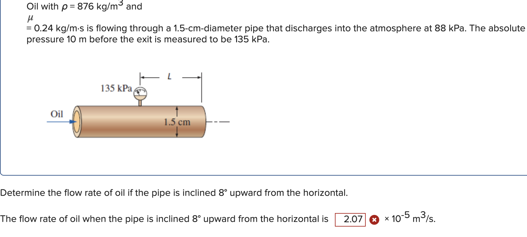 Solved Oil With P = 876 Kg/m And M -0.24 Kg/m.s Is Flowing | Chegg.com